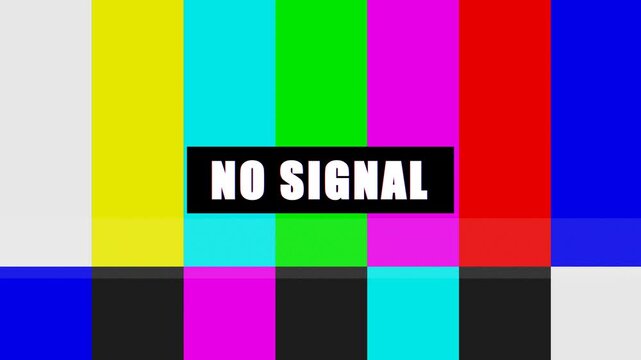 Retro TV color bars test pattern, vintage television screen with "NO SIGNAL" message, classic broadcast static, old-school video glitch background