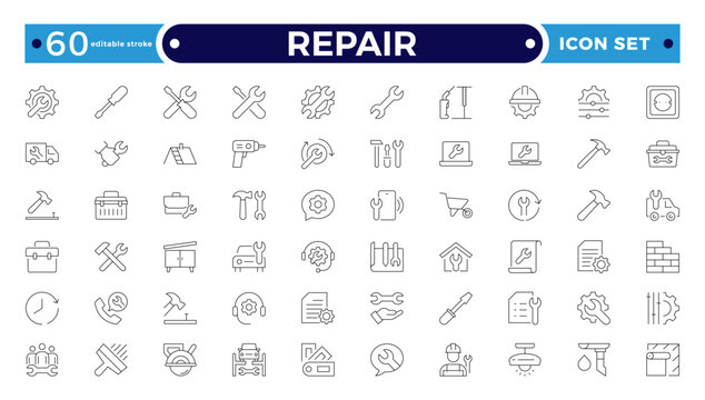 Repair and Maintenance Outline Icon Set with Toolbox, Wrench, Hammer, Handyman, and Fixing Symbols for Home Service, Restoration, and Mechanical Assistance. Editable stroke outline icon. 

