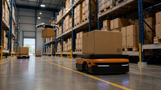 Warehouse worker operating pallet jack in industrial storage facility with organized shelves