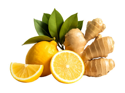 fresh ginger root, lime halves, green leaves, white background, studio citrus fruit, spice, natural ingredients, food styling, clos Fresh ginger root, lime halves, and green leaves on white background