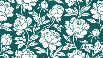 Fototapeta premium Elegant White Peony Flowers and Leaves Seamless Botanical Pattern Illustration on a Dark Teal Background