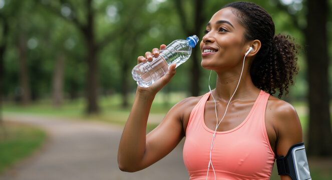 Smiling young Black woman drinking water from a bottle in a park. Active female athlete hydrating during outdoor workout. Healthy lifestyle and fitness concept