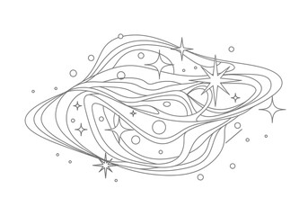 Celestial Galaxy Line Art Illustration, Minimalist Space Nebula with Stars and Planets, Cosmic Wave Pattern Vector for Coloring Page, Magic Astronomy Design Element © Anasani