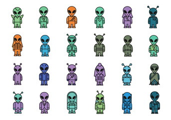 Flat Vector Alien Character Icon Set: 24 Unique Extraterrestrial Creatures in Various Outfits and Colors for Sci-Fi Gaming, UI Design, and Space Themed Graphics © Anasani