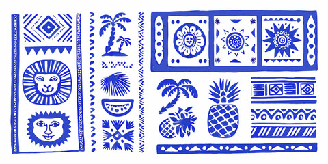 tribal tropical stamps blue white vector pattern © Roni