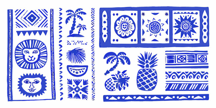tribal tropical stamps blue white vector pattern