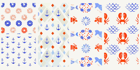 nautical patterns with anchors crabs and fish © Roni