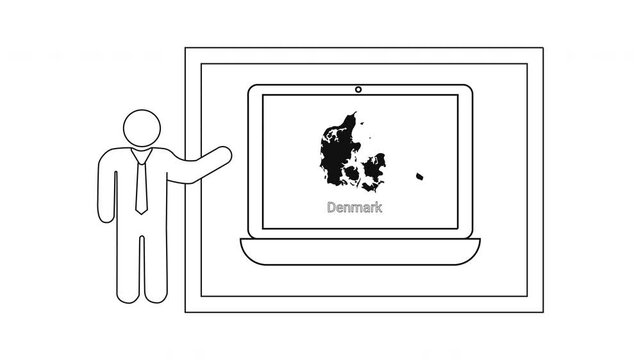 Man presenting Denmark map on laptop screen in a presentation.