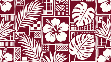 Seamless Tropical Pattern with White Hibiscus Flowers, Monstera, Palm Leaves, and Geometric Motifs © Dijee Art