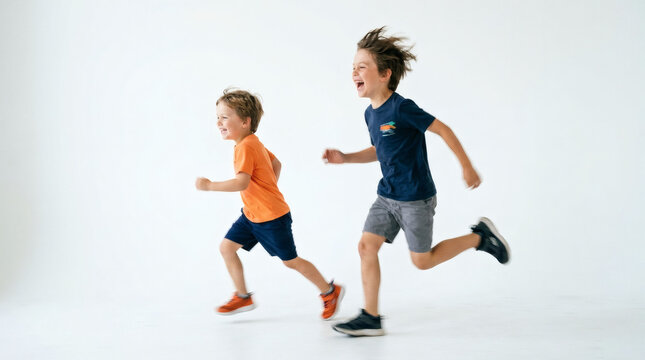 Two boys running side by side.