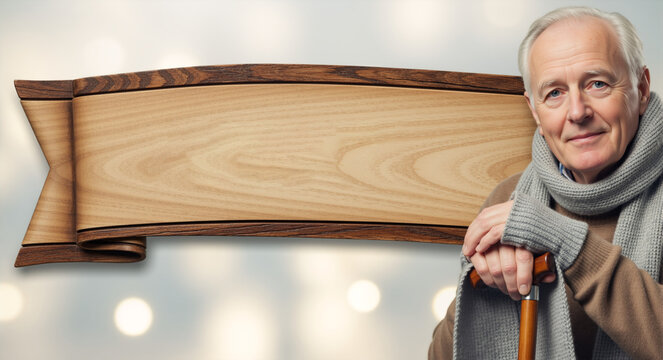 Elderly man with walking cane standing next to a blank wooden scroll sign. Senior citizen retirement concept with copy space. Portrait of happy grandfather
