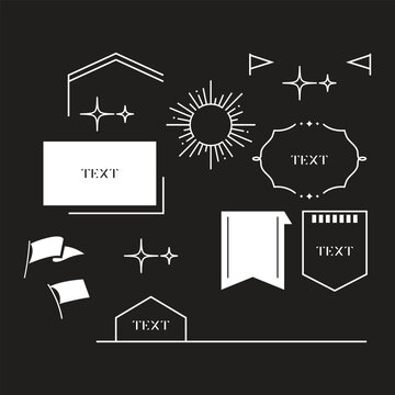 Abstract geometric shapes set vector illustration. Monochrome graphic design elements with retro line, simple form, figure, arch, flower, smiley, hand. Trendy cartoon flat stickers