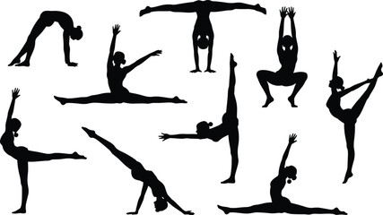 Fototapeta premium Black, gymnastics, and, yoga, silhouette, set, featuring, athletes, in, various, flexible, poses, stretching, splits, handstands, isolated, on, white, background, vector.