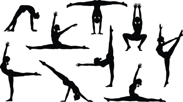 Black, gymnastics, and, yoga, silhouette, set, featuring, athletes, in, various, flexible, poses, stretching, splits, handstands, isolated, on, white, background, vector.