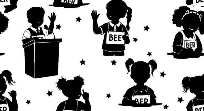 Silhouette children participating in spelling bee contest.