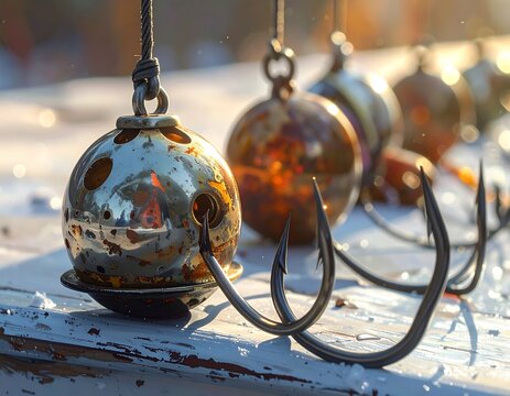 Close-up of metallic fishing lures with hooks on a white wooden surface, bathed in sunlight, suggesting a bright and inviting day