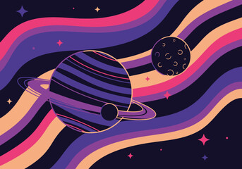 Retro Style Space Illustration with Ringed Planet and Colorful Wavy Nebula Background © Giman