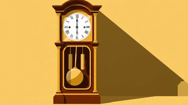 Antique grandfather clock with pendulum and Roman numerals on a yellow background