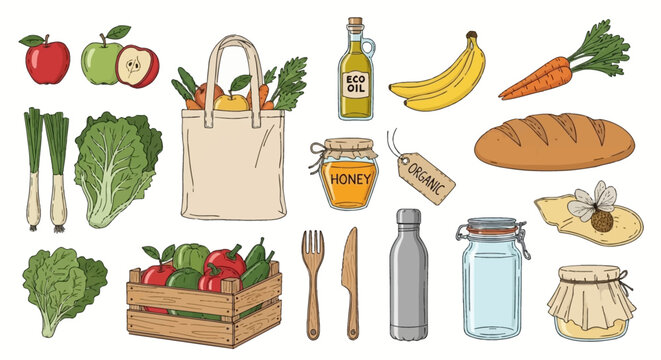 A colorful collection of fresh organic produce, including fruits, vegetables, bread, honey, and reusable shopping bags, presented in a vibrant illustration.
