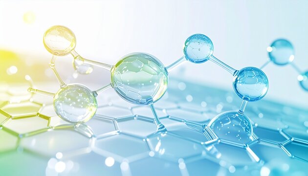 肌細胞のネットワークをイメージした六角形構造と透明美容成分分子、エクソソームやペプチド研究を連想させる先進美容テクノロジーコンセプト背景 ジェネレーティブAI