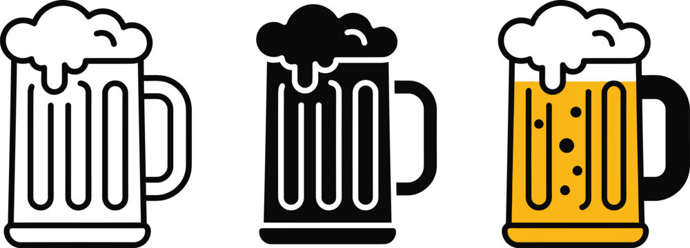 Vector illustrations of beer mugs with foam in black, white and color