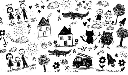 Child's drawing collage family animals house and rocket ship black and white sketch © aliful