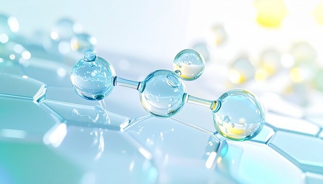 ガラスのように輝く美容成分分子ネットワークと肌細胞をイメージしたハニカム構造、エクソソームやペプチド、コラーゲン研究を表現した再生美容コンセプト、高機能スキンケア向け抽象背景 ジェネレーティブAI