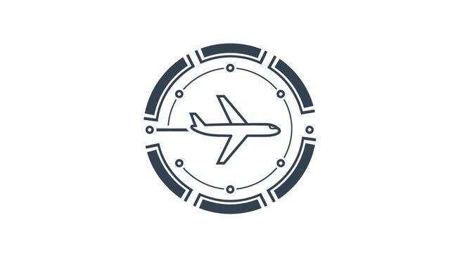 A minimalist graphic icon featuring a stylized airplane inside a circular frame