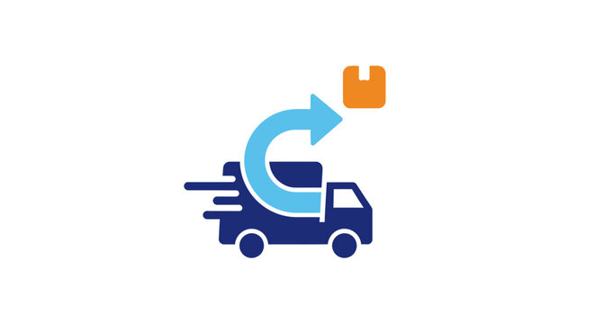 A flat vector icon showing a delivery truck with a return arrow and package