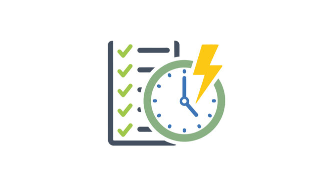 A flat vector icon showing a checklist with a clock and a lightning bolt symbol