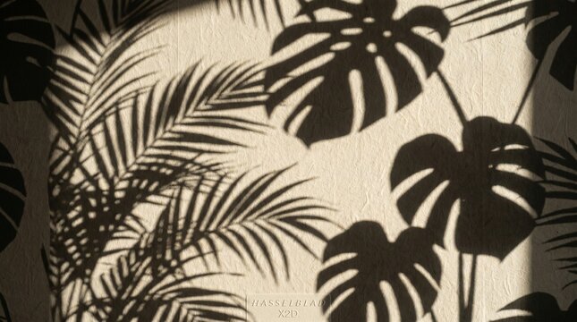 Tropical leaf shadows on beige background