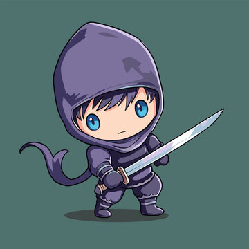 Dark space hooded ninja boy wielding dagger fight cartoon drawing