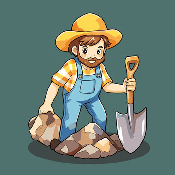 Gold Miner rocky ground farmer with strawhat holding hoe mining cartoon illustration