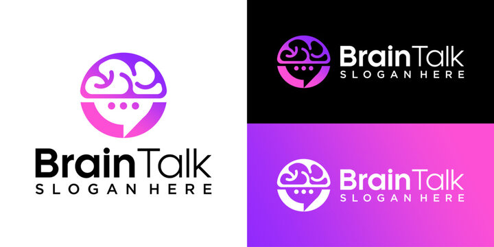 Brain Talk Logo Template with Creative Mind and Chat Bubble Icon Gradient Concept for Education, Communication, Psychology, and Consulting Business