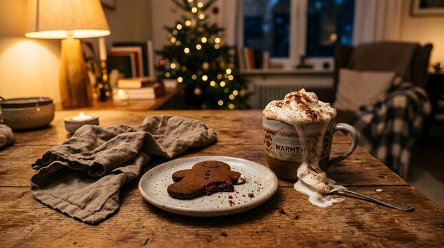 Cozy Christmas Evening with Bitten Gingerbread Man Cookie and Overflowing Hot Chocolate Mug on Rustic Table with Glowing Christmas Tree &mdash; Hygge Holiday Home Concept