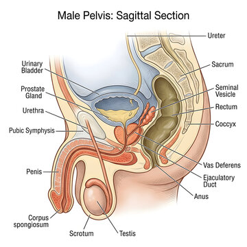 Male pelvis sagittal section showing reproductive and urinary systems anatomy