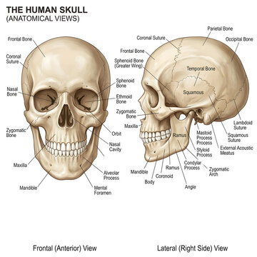 Anatomical views of the human skull frontal and lateral skull anatomy human skeleton