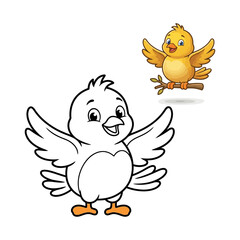 Naklejka premium Cute cartoon bird coloring page and vector character set