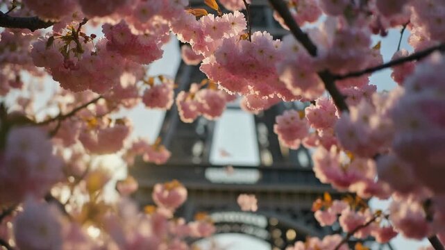 Pink Cherry Blossom Framing Eiffel Tower in Spring Sunset Glow 4K