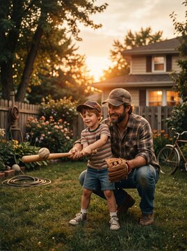 Father teaching his young son how to play baseball in the backyard at sunset
Warm photograph of a father helping his little boy hold a baseball bat during a golden hour practice session in their yard