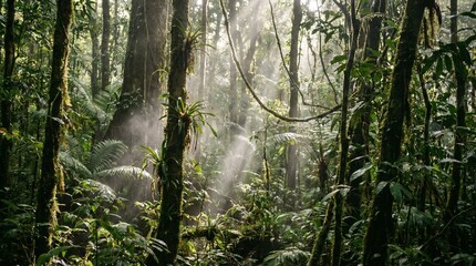 Obraz premium Misty sunlight filters through dense forest