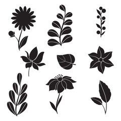 Obraz premium Set of Black and White Leaf Silhouettes Vector Collection with Floral Branches Seamless Botanical Pattern for Nature Wallpaper Vintage Decorative Design and Foliage Illustration