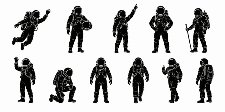 Astronauts performing various actions in space suits on a planetary surface exploration mission