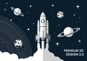 Flat Design Rocket Launch into Space with Planets and Stars, Space Exploration and Startup Concept © Salsa