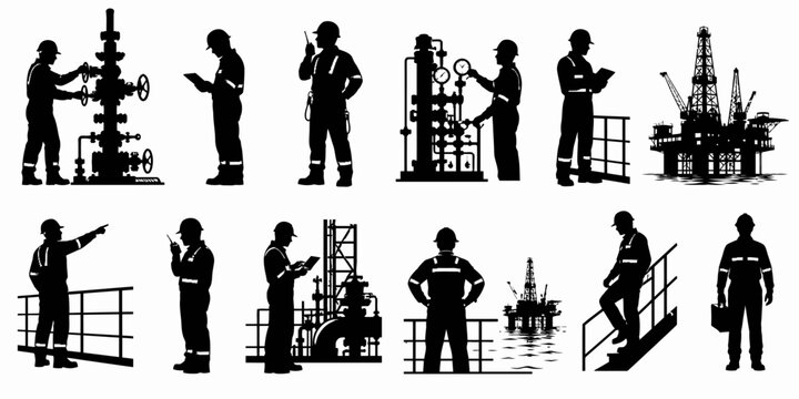 Workers operate and manage industrial equipment at an oil rig facility site.