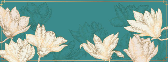 Vector oriental illustration with gold hand drawn magnolia flowers on blue green background. Luxury elegant asian motifs template for web banner, card print, poster, brochure, wallpaper © DarianaArt