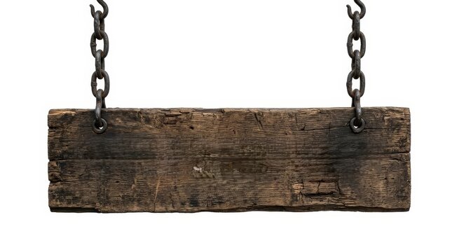 A Rustic Weathered Wooden Plank Sign Hanging From Metal Chains