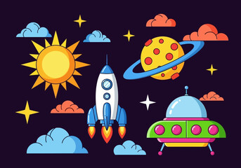 Cartoon Outer Space Exploration Vector Illustration with Rocket Ship, UFO, Sun, and Saturn © Salsa