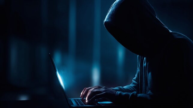 Hacker in dark hoodie using laptop.