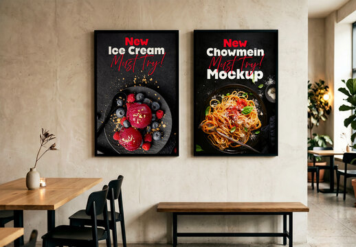 Two vertical posters mockup hanging on modern restaurant wall